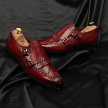 Wine Medallion Toe Wingtip Punching with Fringes Double Monk Strap Formals by Brune & Bareskin