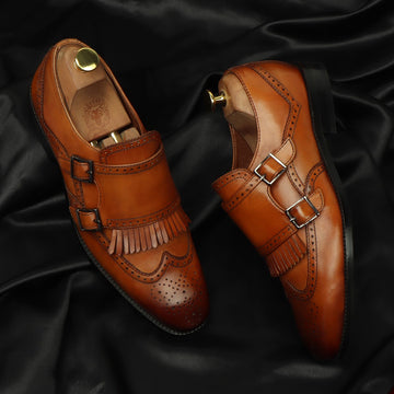 Tan Medallion Toe Wingtip Punching with Fringes Double Monk Strap Formals by Brune & Bareskin