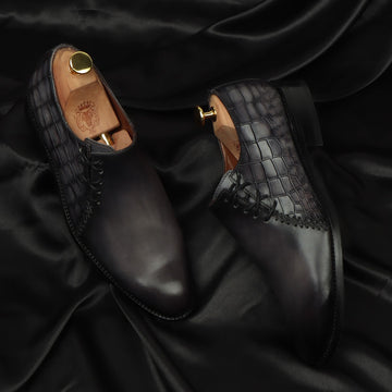 Grey Cross Stitched Side Lacing with Quarter Deep Cut Croco Leather Formal Shoes by Brune & Bareskin