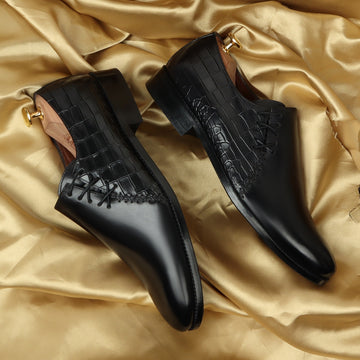 Black Cross Stitched Side Lacing with Quarter Deep Cut Croco Leather Formal Shoes by Brune & Bareskin