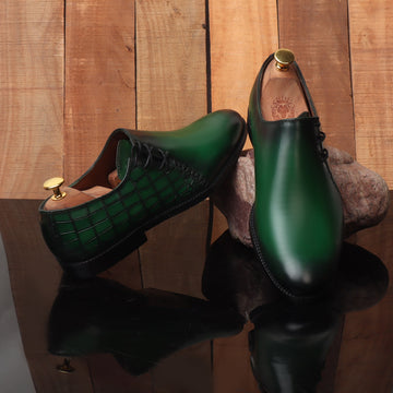 Burnished Green Cross Stitched Side Lacing with Quarter Smokey Croco Leather Shoes by Brune & Bareskin