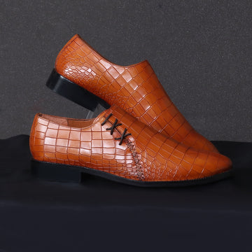 Tan Cross Stitched Oxford Side Lacing Full Deep Cut Croco Textured Leather Formal Shoes by Brune & Bareskin