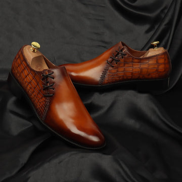 Tan Cross Stitched Side Lacing with Quarter Deep Cut Croco Leather Formal Shoes by Brune & Bareskin