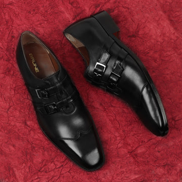 Men's Black Wingtip Cap Toe End-long Parallel Double Monk Strap Shoes by Brune & Bareskin