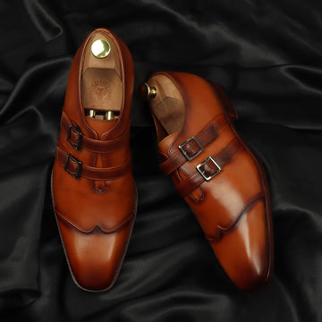 Tan Wingtip Cap Toe Endlong Parallal Double Monk Strap Shoes by Brune & Bareskin