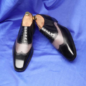 Fixed Oxfords Laceup Dual Tone Black-Grey Lazy Man Stylish Wingtip Punching Brogue Shoes by Brune & Bareskin