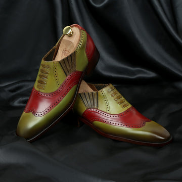 Dual Tone Wine Olive-Green Lazy Man Stylish Wingtip Punching with Fixed Lace Oxfords by Brune & Bareskin