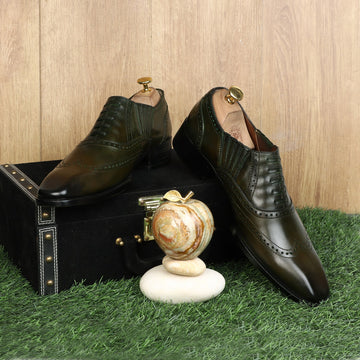 Olive Lazy Man Stylish Wingtip Punching with Fixed Oxfords Lace-up Shoes by Brune & Bareskin