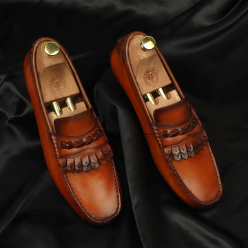 Dual Fringes Weaved Strip Loafers in Tan Leather