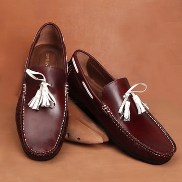 Side Lacing Tassel Bow Leather Loafers in Dark Brown Apron Toe