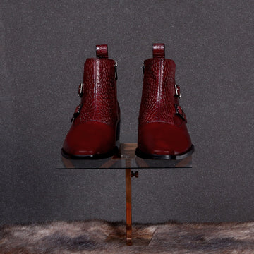 Double Monk Croco Strap Sleek Look Wine Leather Side Zipper Chelsea Boot By Brune & Bareskin