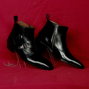 Double Monk Sleek Look Zip Closure Luxurious Black Leather Cuban Heel Chelsea Boot By Brune & Bareskin