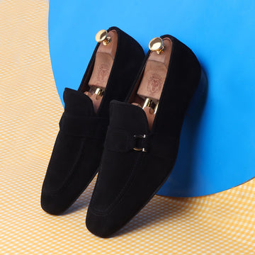 Black Suede Leather Metal Trim Strap Penny Loafers