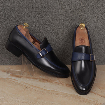 Black Leather Contrasting Blue Apron Toe Single Monk Buckle Strap Slip-On Shoe By Brune & Bareskin
