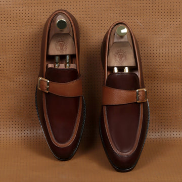 Single Monk Dark Brown Leather Contrasting Tan Apron Toe Buckle Strap Slip-On Shoe By Brune & Bareskin