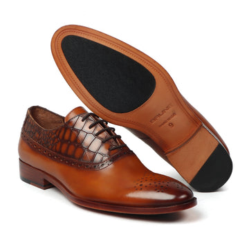 Tan Silhouette Vamp-Quarter Smokey Finish Deep Cut Croco Leather Oxford Shoes by Brune & Bareskin