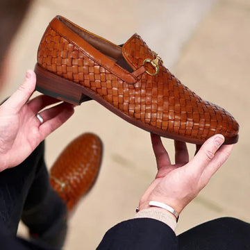 Tan Full Hand Weaved Leather Loafer Horse-bit Buckle Slip-On Shoes by Brune & Bareskin
