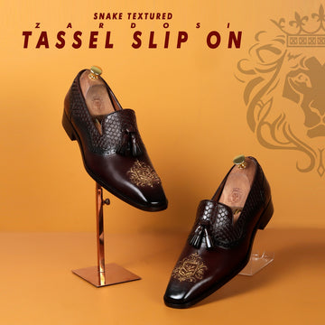 Zardosi Toe Dark Brown Snake Textured Tassel Leather Slip-On Shoe For Men