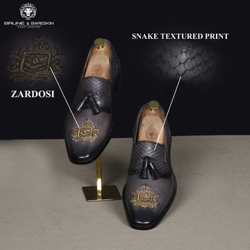 Zardosi Toe Tassel Slip-On Shoe in Grey Snake Skin Textured Leather