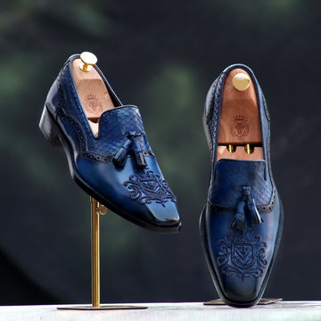 Zardosi Toe Blue Slip-Ons Shoes Snake Skin Textured Tassel Leather by Brune & Bareskin