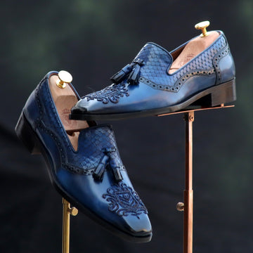 Zardosi Toe Blue Slip-Ons Shoes Snake Skin Textured Tassel Leather by Brune & Bareskin
