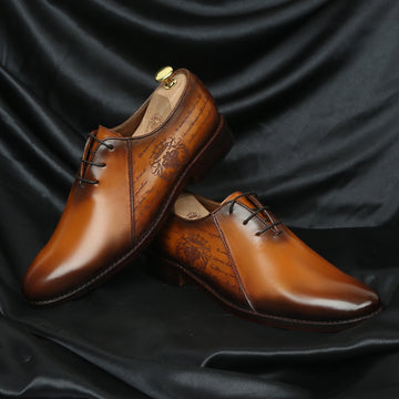 Men's Tan Oxford Lace-Up Closure contrasting laser Formal Leather Shoe By Brune & Bareskin