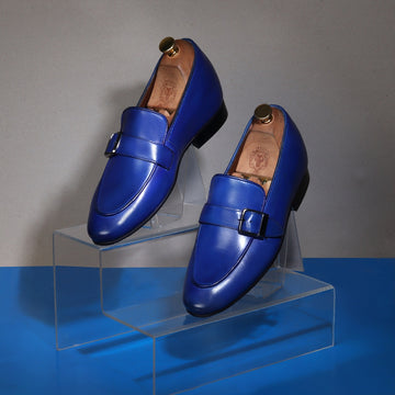 Slant Collar Blue Leather Single Monk Buckle Strap Apron Toe Slip-On Shoe By Brune & Bareskin