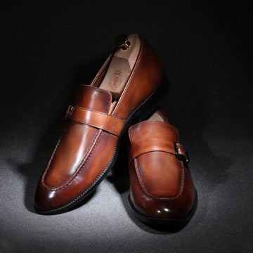 Single Monk Tan Leather Apron Toe Buckle Strap Slip-On Shoe With Rubber Sole By Brune & Bareskin