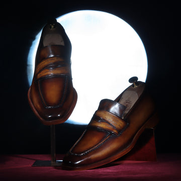 Cognac Sleek Toe Leather Loafers with Contrasting Darker Laser Engraved Strap