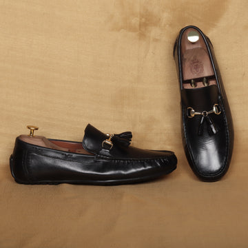 Luxurious Black Tassel Leather Loafers Shoe with Horse-bit Buckle