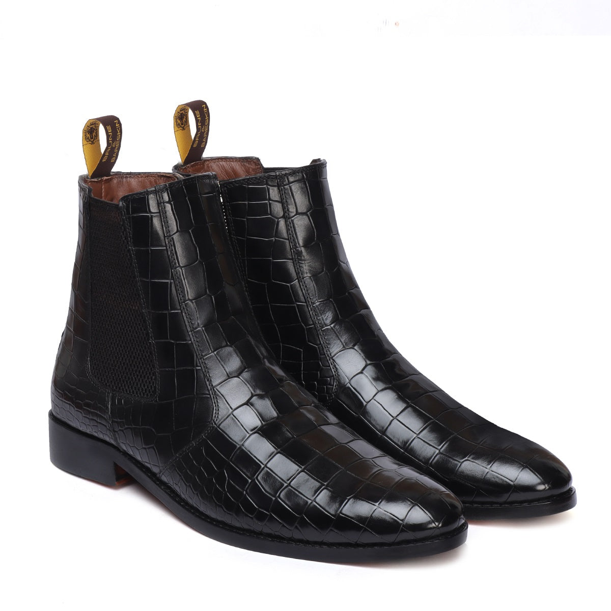 Black Deep Cut Croco Leather Chelsea Boots with Zip Closure For Men By Brune & Bareskin