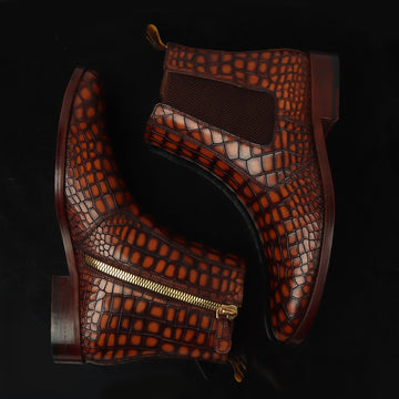 Smokey Finish Cognac Deep Cut Croco Textured Chelsea Boots with Zip Closure By Brune & Bareskin