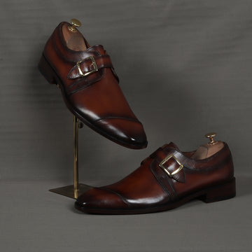 Single Monk Formal Shoes in Espresso Leather Slant Cap Toe Laser Engraved Top Line By Brune & Bareskin