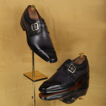 Laser Engraved Single Monk Formal Shoes in  Grey Leather Slant Cap Toe Top Line By Brune & Bareskin