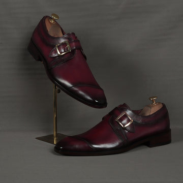 Wine Leather Single Monk Formal Shoes Slant Cap Toe Laser Engraved Top Line By Brune & Bareskin