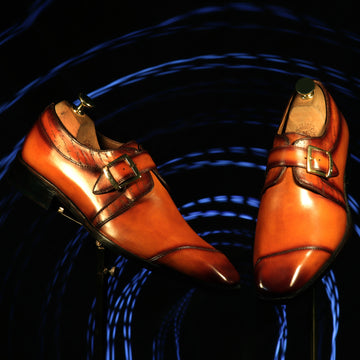 Tan Leather Single Monk Formal Shoes Slant Cap Toe Laser Engraved Top Line By Brune & Bareskin
