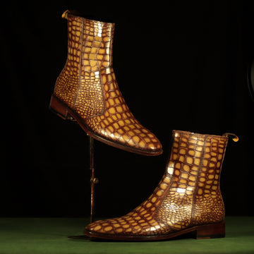 High Ankle Stitched Olive Zip Closure Deep Cut Leather Chelsea Boots By Brune & Bareskin