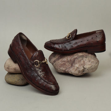 Tobacco Brown Slip-On  Shoes in Real Ostrich Leather Horse-bit Buckle
