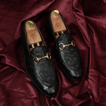 Horse-bit Detailing Apron Toe Slip-Ons Shoes in Black Real Ostrich Leather