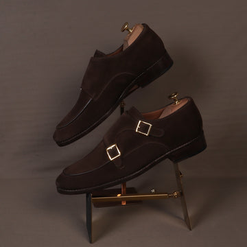 Hand Made Double Monk Formal Shoes in Dark Brown Suede Leather by Brune & Bareskin