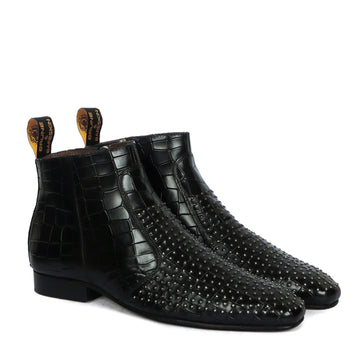 Stitched Black High Ankle Zipper Boots Metal Fleck Deep Cut Leather By Brune & Bareskin