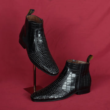Stitched Black High Ankle Zipper Boots Metal Fleck Deep Cut Leather By Brune & Bareskin