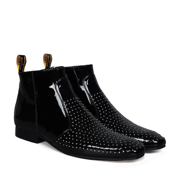 Black Patent Leather Metal Fleck High Ankle Zipper Boots By Brune & Bareskin
