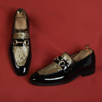 Golden Snake Textured Loafer in Black Patent Leather