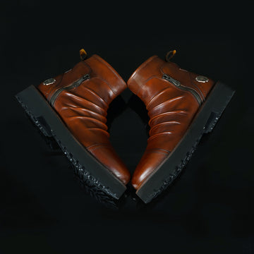 Cognac Leather Pleated Lightweight Chunky Biker Boots by Brune & Bareskin