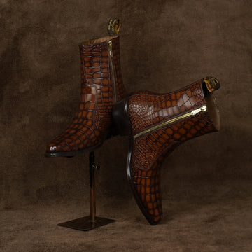 Cowboy Style Deep Cut Croco Tan Smokey Finish Cuban Heel Leather Chelsea Boots By Brune & Bareskin
