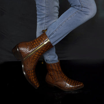 Cowboy Style Deep Cut Croco Tan Smokey Finish Cuban Heel Leather Chelsea Boots By Brune & Bareskin