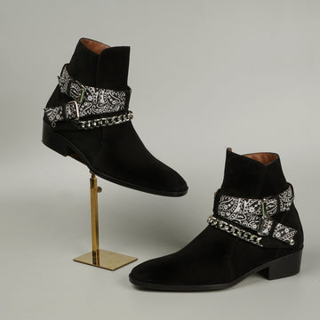 Black Chelsea Cuban Heel Boot in Suede Leather with Bandana Wrap Around Buckle Strap by Brune & Bareskin