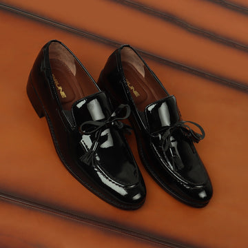 Black Bow Knot Tassel Men's Patent Leather Side Lacing Formal Slip Ons by Brune & Bareskin