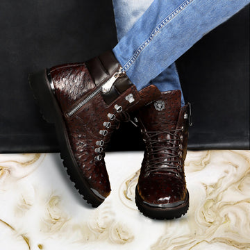 Dark Brown Biker Boots in Premium Authentic Ostrich Leather